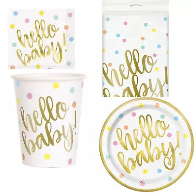 Hello Baby Shower Gold Foil Tableware Balloons Plates Cups Napkins Neutral • £2.39