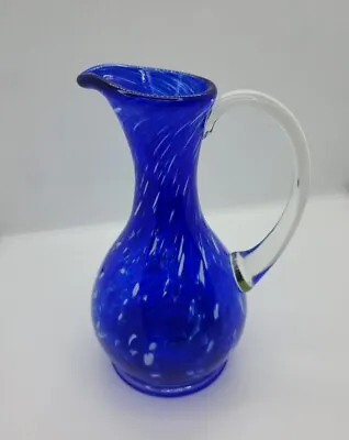 Beautiful Cobalt Blue Art Glass Vase Jug With Clear Applied Handle 19cm  • $49
