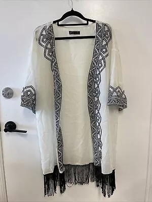 ALLY Boho Kimono Sheer White Black Tassels Embriodery Size S/M C42 • $20