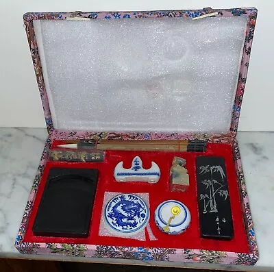 Original Vintage Chinese 10 Piece Cased Calligraphy Set - Seal Inkstone Etc • $40