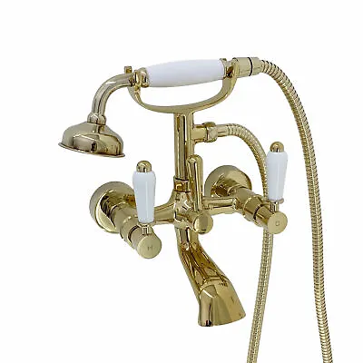 ENKI Downton BT0610 Wall Mounted Bath Shower Mixer Tap White Levers Gold • £134.99