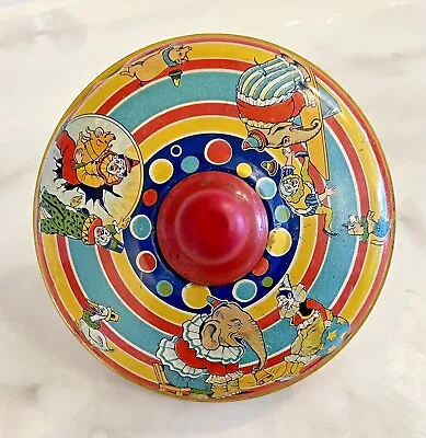 J Chein & Co Tin Litho Metal Spinning Toy Top Circus Scene Clowns Elephants Dogs • $24.99