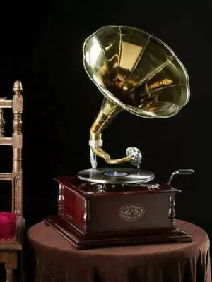 Gramophone With Brass Horn ~ Record Player – 78 Rpm  Wind Up Vinyl Phonograph • $529.21