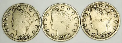 $8.50 • Buy 1901, 1902, 1908 Liberty V Nickel - Good  Liberty  Details - 3 Coin Lot