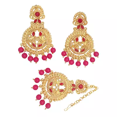 New  Bridal Maang Tikka Earrings Pearl Kundan Bollywood Gold Tone Indian Jewelry • $21.93