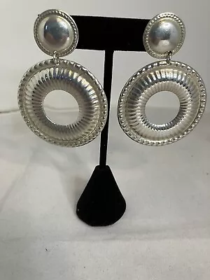 Large Vintage Taxco Mexico  Silver Dangle Statement Earrings 3” • $65