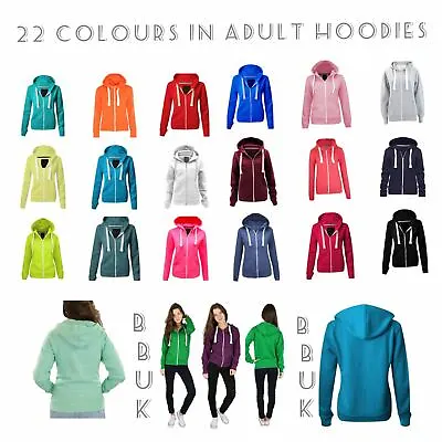 Ladies Womens Plain Zip Up Hoodie Sweatshirt Fleece Jacket Hooded Top UK 8 To 22 • £11.99