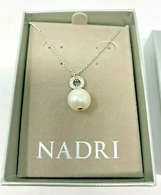 $24 • Buy Nadri Rhodium Plated Pave CZ Charm & Imitation Pearl Pendant Necklace -BNIB