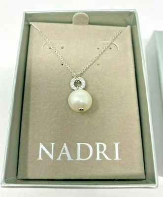 $20 • Buy NADRI Rhodium Plated Pave CZ Charm & Imitation Pearl Pendant Necklace -BNIB