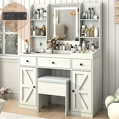 43  Large Farmhouse LED Vanity Table Makeup Desk With Mirror Lights And Outlet • $294.49