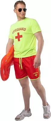 Mens Neon Lifeguard Costume Set Fancy Dress Costume Halloween World Book Day • £9.95