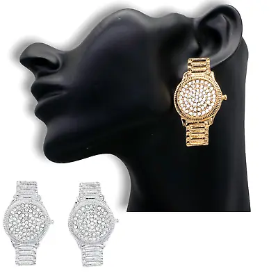 £4.99 • Buy Watch Design Chunky Earrings GOLD SILVER Large Drop Statement Crystal Diamante