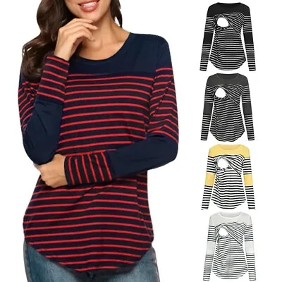 Women Maternity Long Sleeve Striped Nursing Tops T-shirt Breastfeeding Blouse S • $16.37