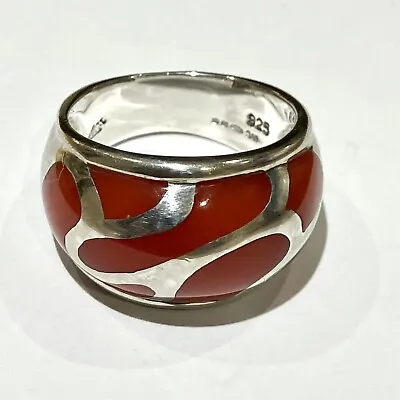 Hallmarked Ail Aluma 925 Sterling Silver Inlaid Carnelian Dome Ring Size O • £34