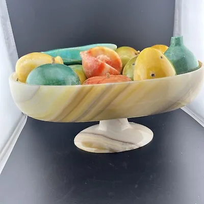 Mexican Carved Onyx Fruits And Fruit Bowl Large Vintage 50s 60s • $197