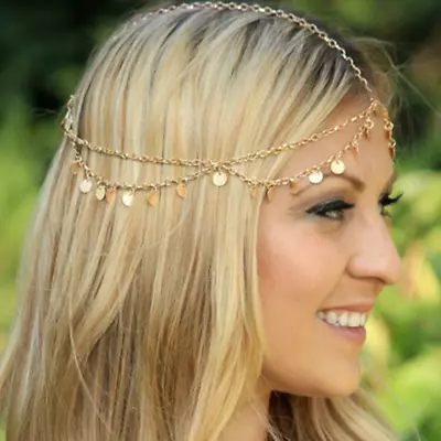 Quality Bohemian Head Chain Headband Headpiece Hair Gold Metal Tassel Coin Boho • £2.98