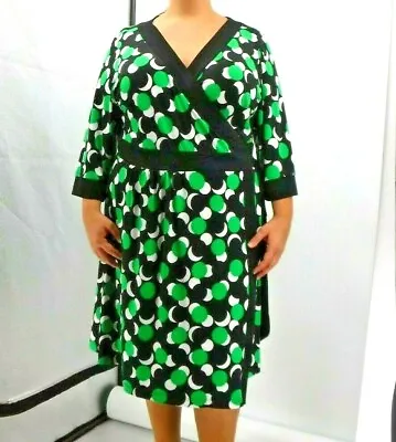 Melissa Masse Wrap Dress Tie Waist Black Green White Dots Circles Bubbles Sz 3X • $31.35