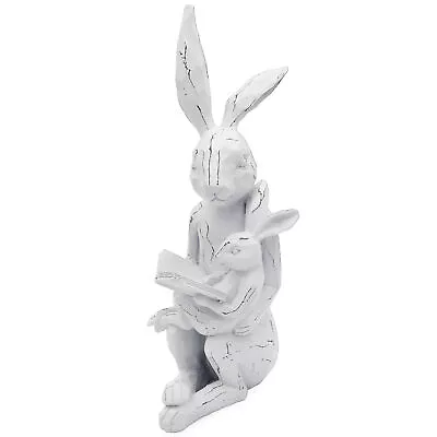 Easter Reading Rabbit Figurine With Baby Rabbit Farmhouse White Bunny Statue • $26.99