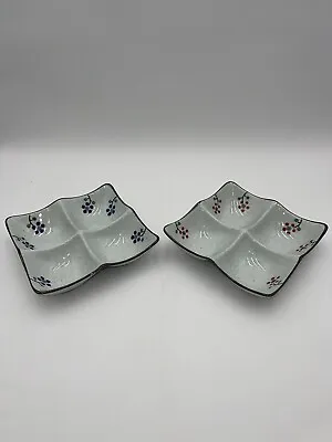 Asian Inspired 4 Section Dip Nut Serving Bowl Set Of 2 Blue Red Flowers Floral • $15