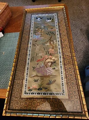 $199 • Buy Antique Chinese Framed Silk Embroidery 25  X 12  Gilt Gold Wood Frame Excellent 