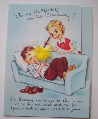 50's Wife Wakes Husband W Feather Duster Vintage Birthday Greeting Card *CC20 • $6.99