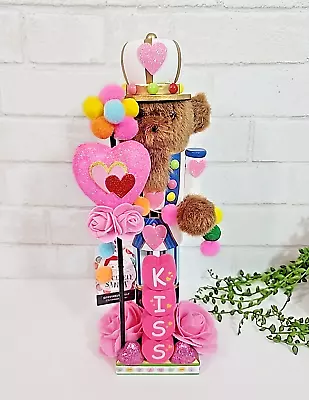 Valentines Day Teddy Bear Nutcracker Pink Hearts Roses Wooden 14  Love Kiss NEW • $32.99