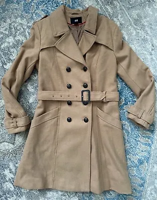 H&M Brown Tan Beige Wool Blend Double Breasted Long Over Coat - Size 8 • $29