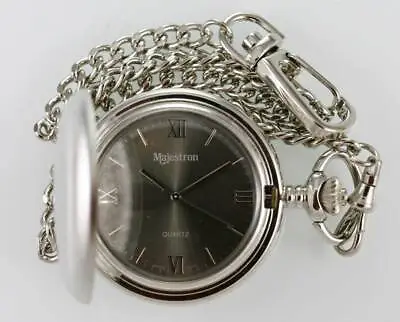 Majestron Pocket Watch Mens Casual Stainless Steel Silver Battery Chain Gray • $24.66