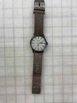 Nixon Sentry Watch Men 42mm Silver Tone Day Date Brown Leather Band Need Battery • $59.99