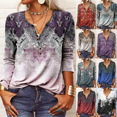 $16.71 • Buy Womens Floral V Neck Long Sleeve T Shirt Blouse Casual Loose Tunic Tops Pullover