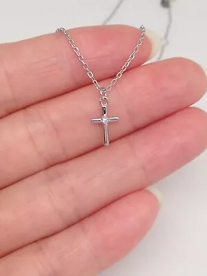 925 Sterling Silver Small TINY Cz Cross Necklace Pendant Womens Girls 9mm 16-18  • $21