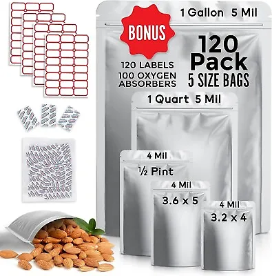 120 PC Stand Up Mylar Bags For Long Term Food Storage Prep With Oxygen Absorbers • $18.79