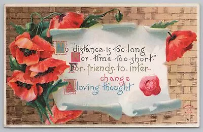 Greetings~Red Flowers~Distance Is Two Long~Friends~Vintage Postcard • $2.70