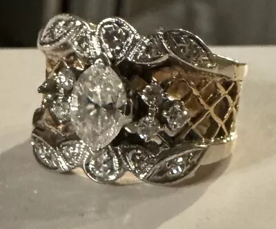 Vintage 14k White Yellow Gold Marquise Cut Diamond Cluster Ring Lattice Band • $1399.95