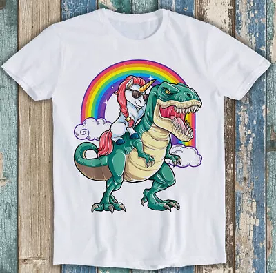 Unicorn Riding Dinosaur T Rex Party Rainbow Squad Funny Gift Tee T Shirt M1566 • £6.35