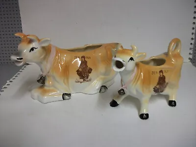 Mint/c Jersey Cows X2 Milk & Cream Pourers With Bells Kitsch Ceramic 1 Sitting • £10.99