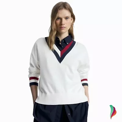 Tommy Hilfiger Women's Global Stripe V-Neck Cotton Jumper Varsity Style - AU • $139