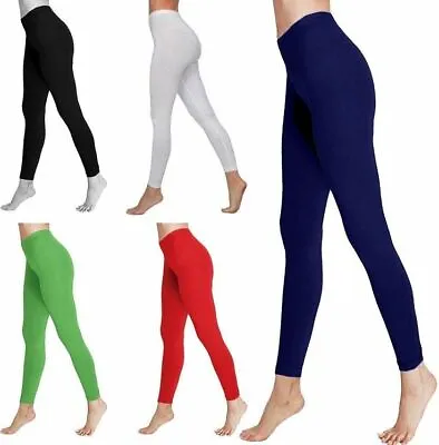 Plain Cotton Full Length Ladies Leggings Active Casual Black +colours • £3.49