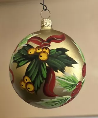 Vintage Beautiful Italy Hand Painted Berries Gold Round Glass Christmas Ornament • $13.99