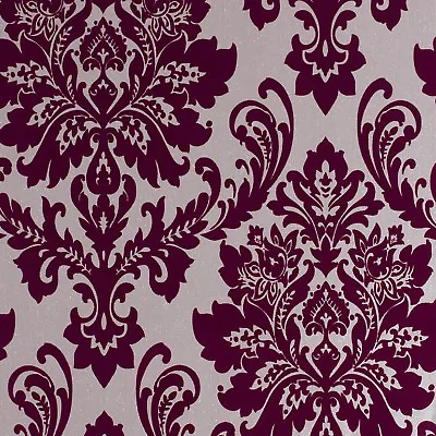 Exclusive Havana Velvet Flock Purple/Grey Damask Wallpaper (H66003) • £29.99