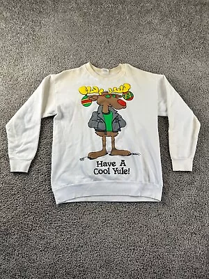 VINTAGE 90s Christmas Sweatshirt Mens Large White Moose Pullover Crewneck FLAW • $13.99