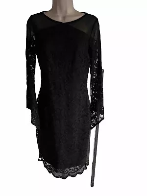 Marina Rinaldi Dress Black Lace Sheath Lg Sleeve Flare End Mesh Upper Bodice S • $55.47