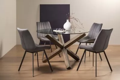 Turin Glass 4 Seater Table - Dark Oak Legs & 4 Fontana Grey Velvet Chairs • £877
