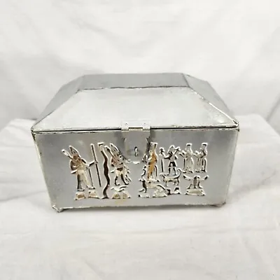 Silver Tone Egyptian Themed Metal Chest Box Hinged Latch Decor Storage • $14.99