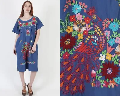 Vintage Mexican Fiesta Dress Bright Floral Embroidered Peacock Sun Coverup Mini • $47