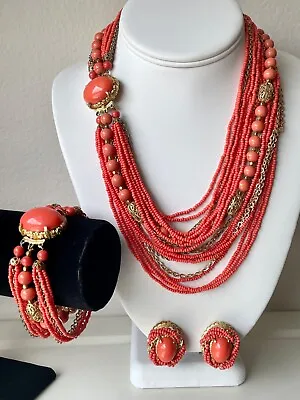 $100 • Buy Vtg Costume Jewelry Parure Faux Orange Coral Beaded Cabochons Gold Tone Chains