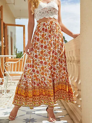 Gypsy Hippie Ladies Boho Maxi Elastic Skirts Summer PRINT Long Flared Dress Size • £13.19