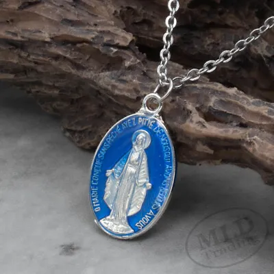 Stainless Steel Virgin Mary 1 Inch Blue Miraculous Medal Pendant Necklace Womens • $9.99
