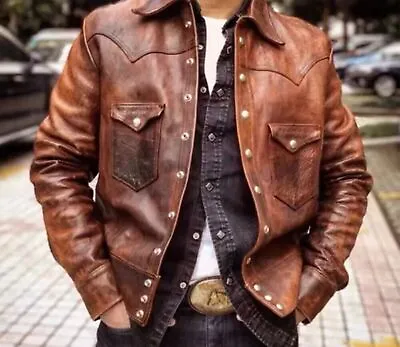 Men's Real Leather Brown Trucker Jacket Fashion Waxed Biker Retro Buttoned Coat • $124.99