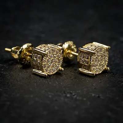 Mens Gold Plated Micro Pave Sterling Silver Stud Iced Cz Screw Back Earrings • $299.99